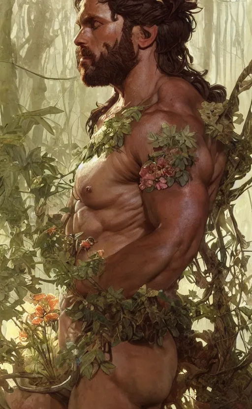 Image similar to god of the forest, 3 0 years old, rugged, male, gorgeous, detailed face, amazing, thighs!!!!!!, flowers, muscular, intricate, highly detailed, digital painting, artstation, concept art, sharp focus, illustration, art by greg rutkowski and alphonse mucha