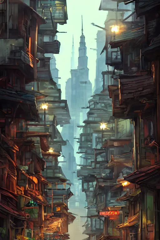 Image similar to backlane alley with kuala lumpur twin towers in the background, evening, highly detailed matte painting, studio ghibli, artstation