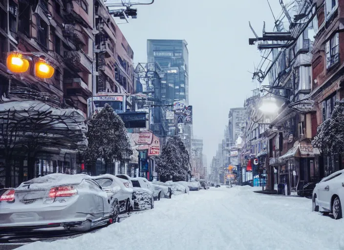 Image similar to a city street covered with snow, winter, dusk, futuristic city, robots populate the street, futuristic cars, extremely detailed, sharp focus, rule of thirds, award winning photography.