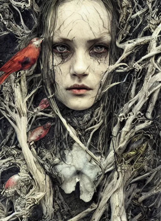 Image similar to portrait, bird skull, moss, driftwood, witches, watercolor, dramatic lighting, cinematic, establishing shot, extremely high detail, foto realistic, cinematic lighting, pen and ink, intricate line drawings, by Yoshitaka Amano, Ruan Jia, Kentaro Miura, Artgerm, post processed, concept art, artstation, matte painting, style by eddie mendoza, raphael lacoste, alex ross