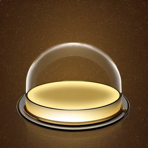 Prompt: smart tablet floating inside glass dome on a gold base. the tablet is glowing. black background, amazing and beautiful.