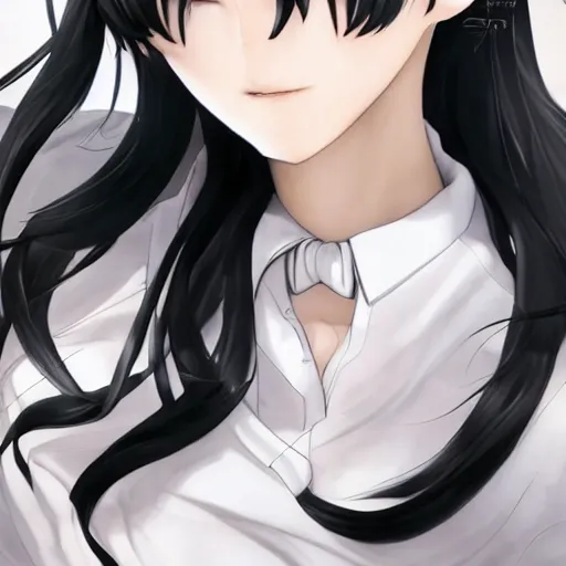 Prompt: luxury advertisement, astonishing portrait of a very beautiful anime high-school girl with black hair twintails, white ribbon, full perfect face, realistic, highly detailed background, artstation, 120 degree view, drawn by Sasoura, Satchely and Akihiko Yoshida, no distortion