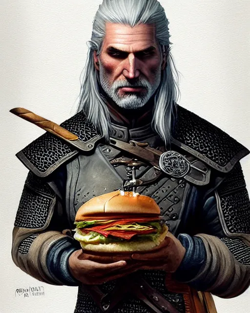 Prompt: portrait of geralt of rivia preparing to eat a hamburger, fantasy, intricate, elegant, highly detailed, digital painting, artstation, concept art, smooth, sharp focus, illustration, by artgerm and greg rutkowski