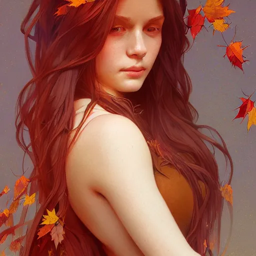 Image similar to girl with super long hair, hair becoming autumn red leaves, intricate, highly detailed, digital painting, artstation, concept art, smooth, sharp focus, illustration, unreal engine 5, 8 k, art by artgerm and greg rutkowski and alphonse mucha