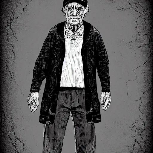 Image similar to detailed half body digital art of a old person wearing ragged and ruined clothes. the background is pure black with a little bit of glow behind the character