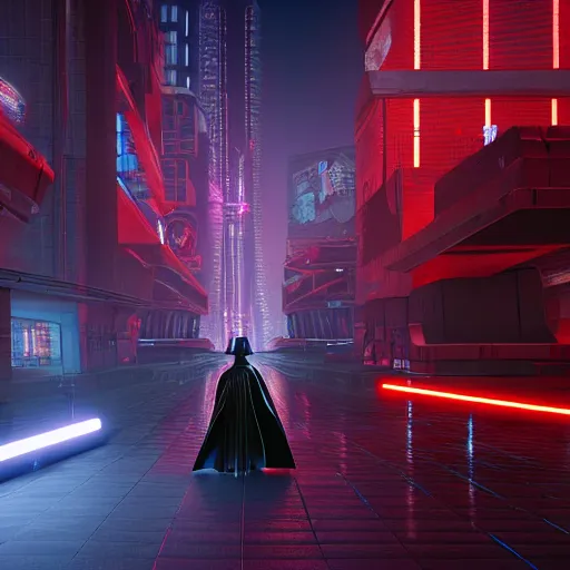 Image similar to darth vader standing looking down in the ground, cyberpunk 2049 city, night time, neon lights, trending on artstation