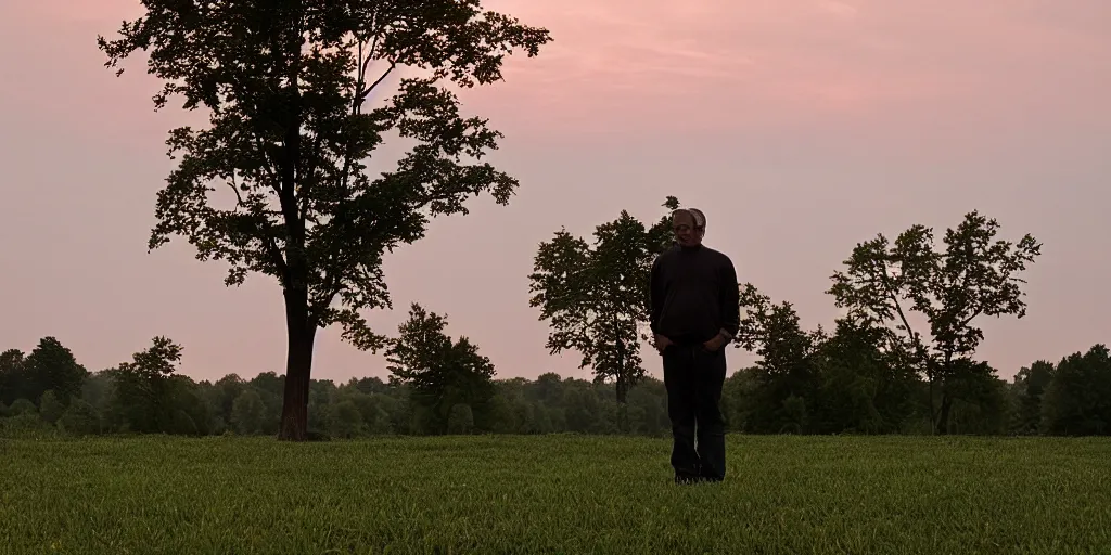 Prompt: a man sized frog person watching the sunset on his Ohio farm by Nan Goldin