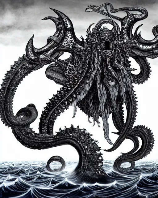 Image similar to A huge blue kraken in a vast sea, terrifying, black and white, fantasy art, monster art, in the style of masami kurumada, illustration, epic, fantasy, intricate, hyper detailed, artstation, concept art, smooth, sharp focus, ray tracing