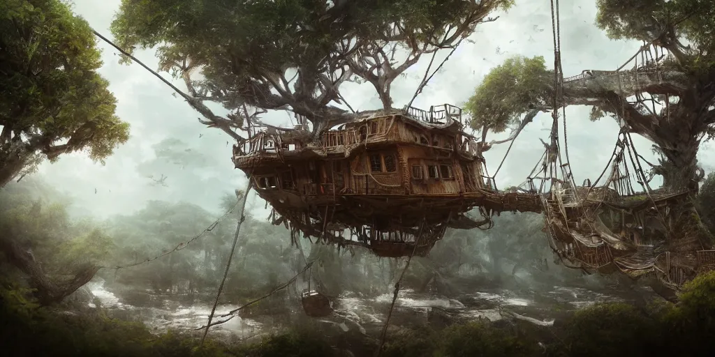 Image similar to A treehouse made out of a derelict pirate ship, torn sails, cargo net, crows nest, the treetops of giant oaks, game art matte painting hyperdetailed, artstation, cgsociety, 8k, surreal dream landscape