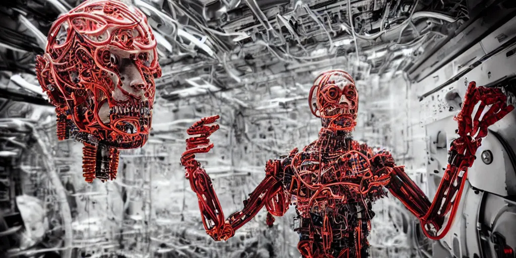 Image similar to cyborg in the data center, wired to the equipmen, red biomechanical details, wearing epic bionic cyborg implants, inflateble shapes, masterpiece, intricate, biopunk, highly detailed, artstation, concept art, cottage core, cinematic focus, polaroid photo, bleached, vintage, high - key lighting, soft lights, foggy, by tarkovsky, 8 k