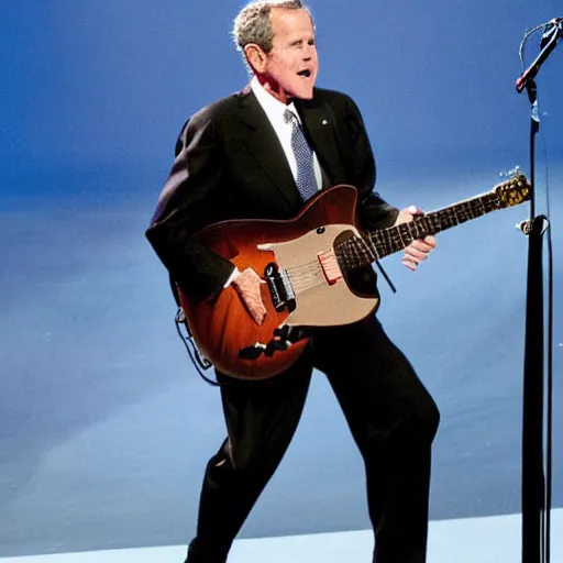Prompt: george bush as a rockstar performing at his concert, award winning concert photography
