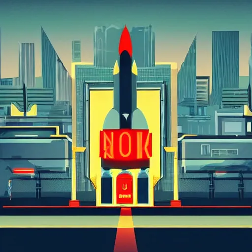 Prompt: rocket standing on a street in the middle of a cyberpunk city, neon signs, beige background, minimalism, clouds, night time, dramatic lighting flat design, flat colors, in the style of a soviet propaganda poster