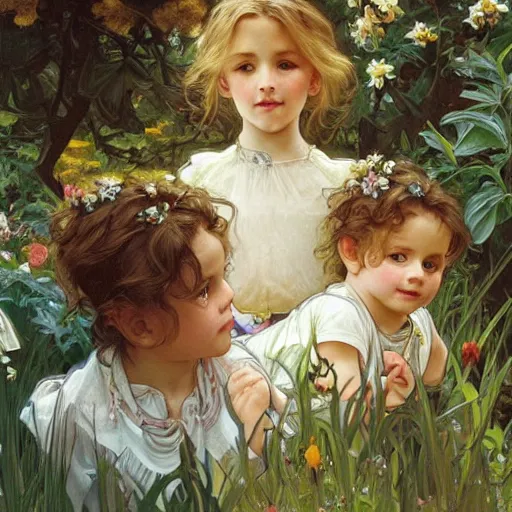 Prompt: a painting of two little children, two siblings, an older sister with curly brown hair and a younger brother with straight blonde hair. they are in a garden. beautiful highly detailed faces. art by artgerm and greg rutkowski and alphonse mucha.