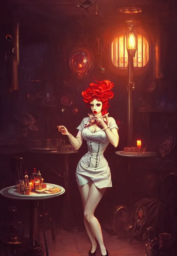 Image similar to Necromancer waitress of a small 50’s style diner, fantasy magic, dark pin-up style hair, dark light night, intricate, elegant, sharp focus, illustration, highly detailed, digital painting, concept art, matte, art by WLOP and Artgerm and Greg Rutkowski and Alphonse Mucha, masterpiece