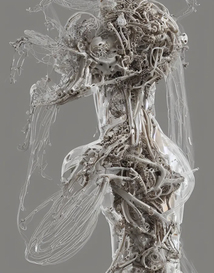 Prompt: biomechanical dress. beautiful woman wearing a helmet. white plastic. baroque elements, human skull, jellyfish, butterfly, phoenix head. burning wax, swollen muscles, tumors, veins, tendons, wires. intricate drawings of caravaggio. halo. octane rendering, cinematic, hyperrealism, octane rendering, 8k, depth of field, bokeh. iridescent accents. vibrant. teal gold and red color scheme