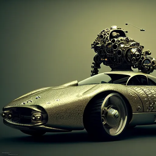 Image similar to cyborg vintage supercar slick : by michal karcz, daniel merriam, victo ngai and guillermo del toro : ornate, dynamic, particulate, intricate, elegant, highly detailed, centered, artstation, smooth, sharp focus, octane render