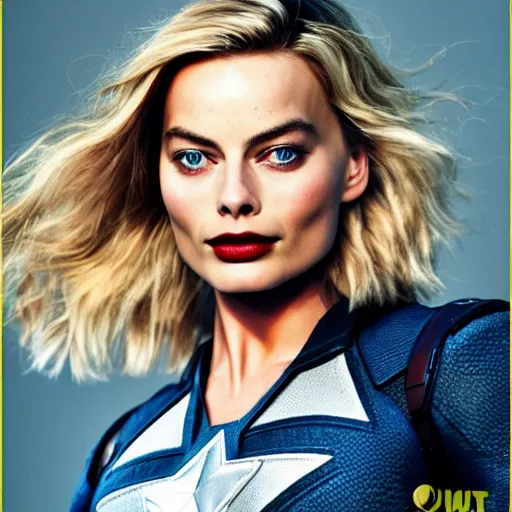 Prompt: margot robbie model as captain america model photoshoot closeup avengers