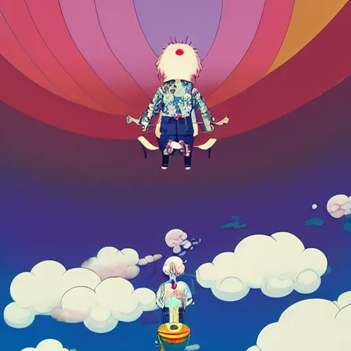 Image similar to a man walking on clouds above kyoto by takashi murakami, beeple and james jean, aya takano color style, 4 k, super detailed