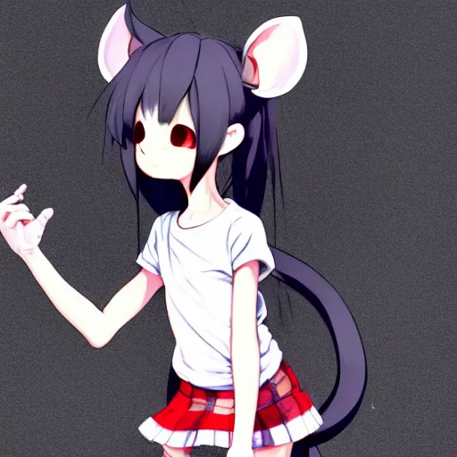 Image similar to a full body portrait of an anthropomorphic rat girl with large rat ears, and a long rat tail, dressed in a tee shirt and combats, finely detailed features, single subject, gapmoe yandere grimdark, trending on pixiv fanbox, by makoto shinkai takashi takeuchi studio ghibli, akihiko yoshida