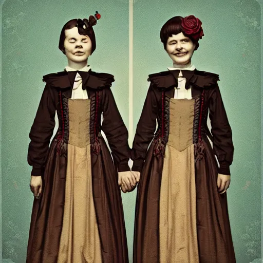 Prompt: creepy smiling twins in victorian clothes, black background, backlit:: by Martine Johanna and Simon Stålenhag and Chie Yoshii and Casey Weldon and Guillermo del toro :: ornate, dynamic, particulate, intricate, elegant, highly detailed, centered, artstation, smooth, sharp focus, octane render, 3d