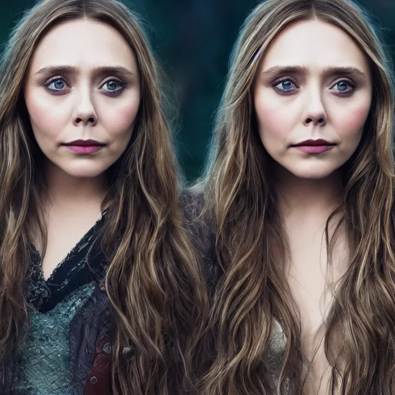 Image similar to A portrait of Elizabeth Olsen in the style of Arcane, 8k, photorealistic imagery, 35mm photography