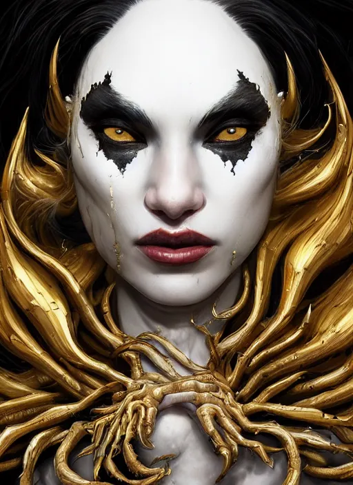 Image similar to female white and gold venom, naturel, hyper detailed, digital art, trending in artstation, cinematic lighting, studio quality, smooth render, unreal engine 5 rendered, octane rendered, art style by klimt and nixeu and ian sprigger and wlop and krenz cushart