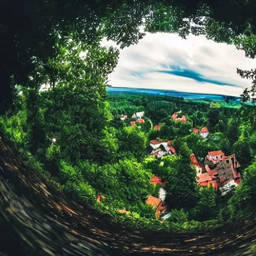 Image similar to hunted medieval town on the edge of dark forest, werewolf attack on villagers, hd, above view, fisheye lense