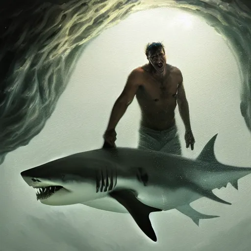 Image similar to a dream fantasy painting of a man inside a white shark, in the deep, by beksinki, antonio j. manzanedo, greg rutkowski, carne griffith trending on artstation, deviantart, photorealism