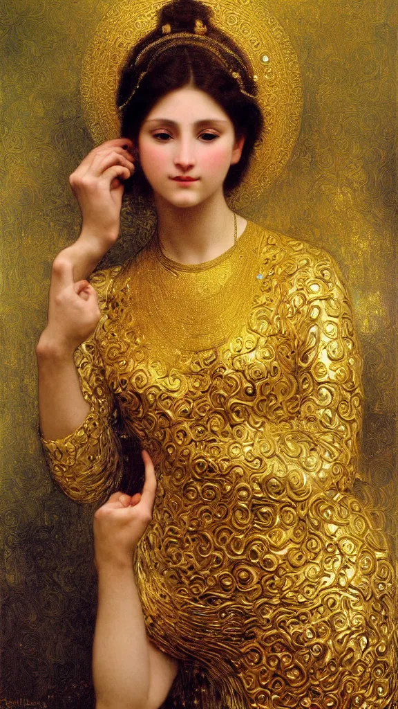 Image similar to painting portrait of a beautiful woman like an ancient goddess, intricate, elegant, digital painting, smooth, sharp focus, shiny gold, realistic gold, realistic metal, by William-Adolphe Bouguereau and Gustav Klimt,