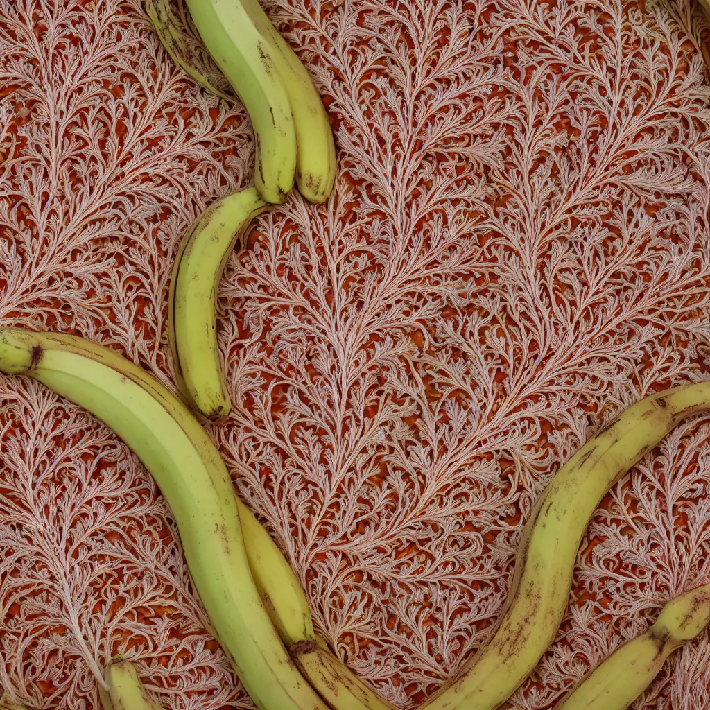 Prompt: fractal bananas that grow like coral, inside art nouveau embroidered plate with petal shape. closeup, hyper real, food photography, high quality