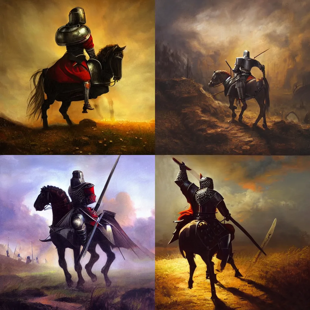 Prompt: painting of a medieval knight on a battleground, in full growth from the back, epic artwork, atmospheric light, by Evgeny Botvinnik