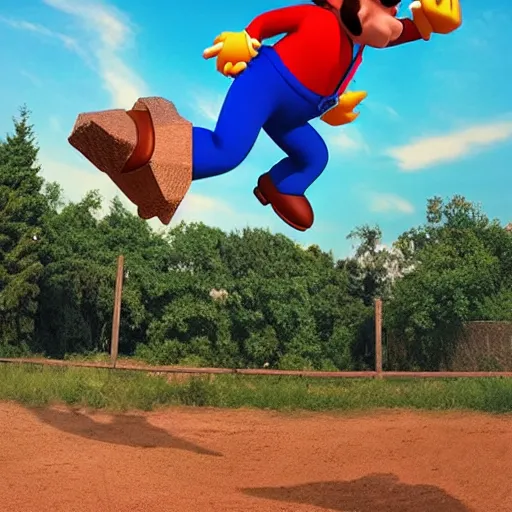 Image similar to “Photo of a man dressed like Mario jumping off of a midair dinosaur to reach a high platform. 4k”
