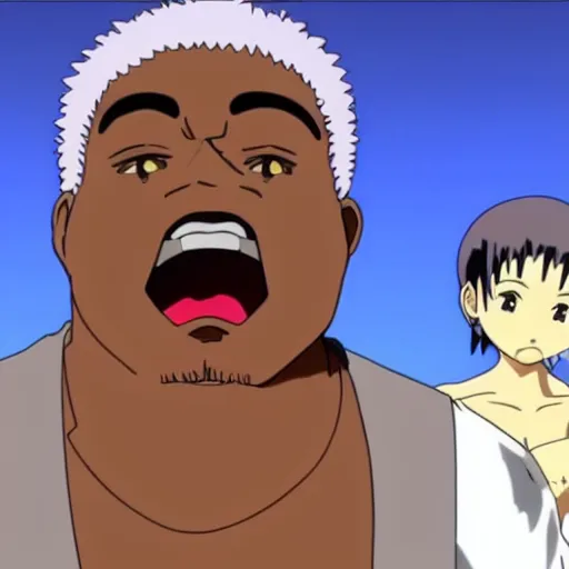 Image similar to screenshot of an episode of the kanye west anime series by studio ghibli