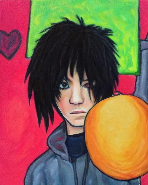 Prompt: a painting of an emo teenager with cantaloupe vibes.