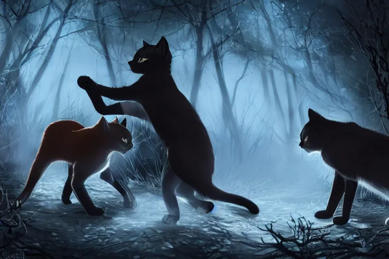 Image similar to two cats fighting in the dark forest, dramatic, backlighting, trending on artstation, digital art, trending on furaffinity, by wayne mcloughlin