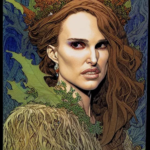Image similar to a realistic portrait of natalie portman as a druidic wizard looking at the camera with an intelligent but seductive gaze by rebecca guay, michael kaluta, charles vess and jean moebius giraud