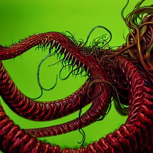 Prompt: a hyper detailed filmic wide shot 30mm color film photograph of a bundle of a dangerous shape shifting alien creaturing spewing long worm-like spiney tendrils out of its snarling mouth, the tendrils are coiling around and smothering a male 70-year-old doctor wearing a lab coat under dreary fluorescent lights in the style of an horror film still from The Thing 1982