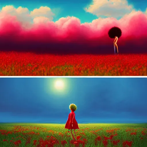 Prompt: giant red flower afro, full body, girl standing in the middle of a field with flowers, surreal photography, hills, sunrise dramatic light, impressionist painting, colorful clouds, digital painting, pointillism, artstation, simon stalenhag