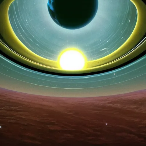 Image similar to a concept of the inside of an o'Neill cylinder, Ringworld, wide angle, looking up, planet surface, ring