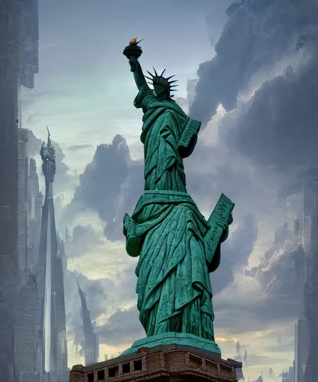 Image similar to highly detailed digital matte painting of a Lady Liberty statue taken back by nature Full shot. By Raphael LaCoste and Ruan Jia and Robert McCall, postcyberpunk, geodesic dome, hyperdetailed, sunrise, wide shot, autochrome, octane render