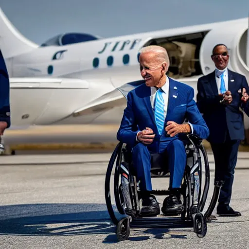 Prompt: still image of joe biden sitting in a turbo boosted wheelchair with a jet engine, 8 k photo