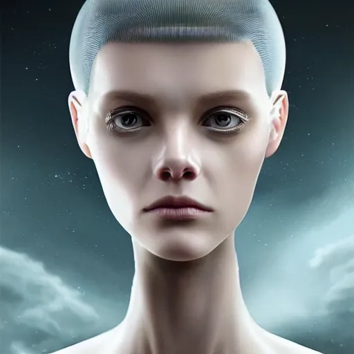 Image similar to A young beautiful female extraterrestrial-cyborg face with a very long neck, big clear eyes, thin nose, big lips, hair floating in the wind:: alien is from the future, Realistic, Refined, Detailed Digital Art, Pre-Raphaelite,Renaissance, Highly Detailed, Cinematic Lighting, rim light, black and white, photo-realistic Unreal Engine, 8K