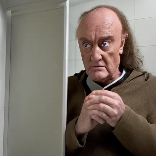 Image similar to portrait of Klingon Chancellor Gowron as he inspects a 2 inch round hole in the wall of the bathroom stall at a gas station