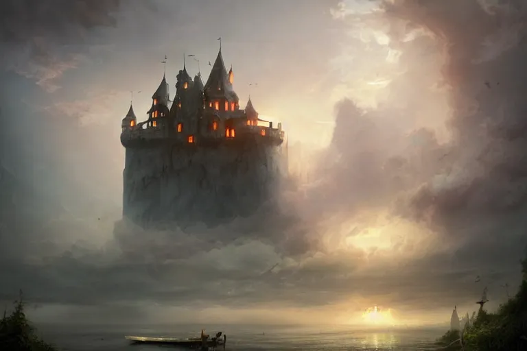 Image similar to a mysterious castle floating in the middle of a vast lake by a farm and a large fiery dragon enters the atmosphere through a gap in the clouds, cinematic lighting, ultra realistic by michal lisowski and tom bagshaw