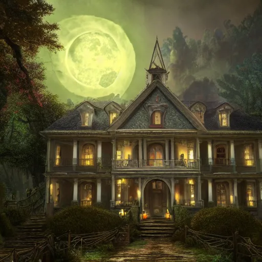 Prompt: large haunted mansion in the mountain side, thomas kinkade style, cinematic, octane render, art station, dramatic lighting, beautiful moonlight night, concept art, rococo, photorealistic, intense detail, 8 k