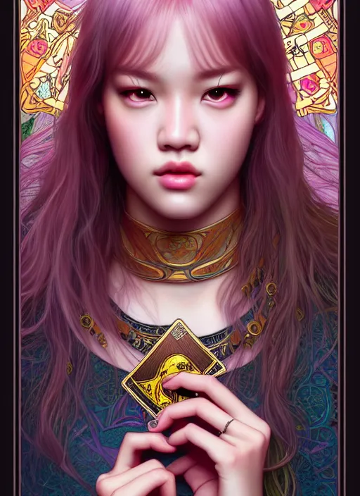 Image similar to jossi of blackpink, king, tarot card, highly detailed, digital painting, smooth, sharp focus, illustration, ultra realistic, unreal engine, 8 k, art by artgerm and alphonse mucha