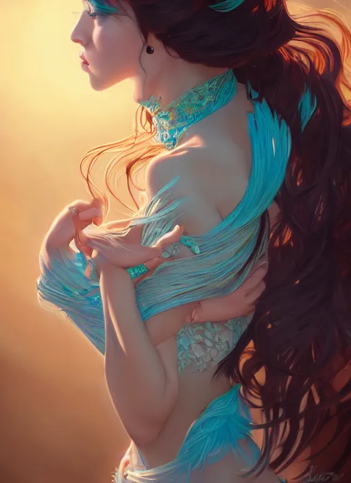 Image similar to beautiful dancer with long turqoise hair, cute, intricate, highly detailed, digital painting, trending on artstation, concept art, smooth, sharp focus, backlit, rim light, vivid colors, illustration, unreal engine 5, 8 k, art by rossdraws and alphonse mucha