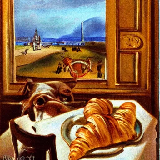 Prompt: dog eating croissants in paris, painted by dali