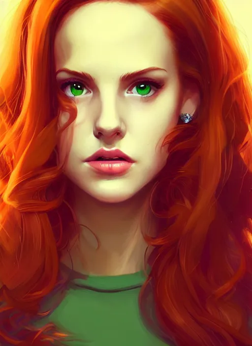 Image similar to full body portrait of teenage cheryl blossom, bangs, green eyes, mischievous expression, red hair, sultry smirk, bangs and wavy hair, intricate, elegant, glowing lights, highly detailed, digital painting, artstation, concept art, smooth, sharp focus, illustration, art by wlop, mars ravelo and greg rutkowski