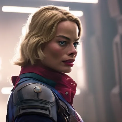Prompt: film still of Margot Robbie as Star Lord in Guardians of the Galaxy